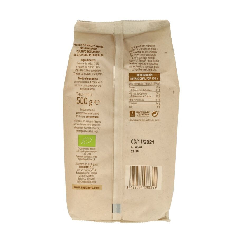 Fideos de Maíz y Arroz Sin Gluten Bio