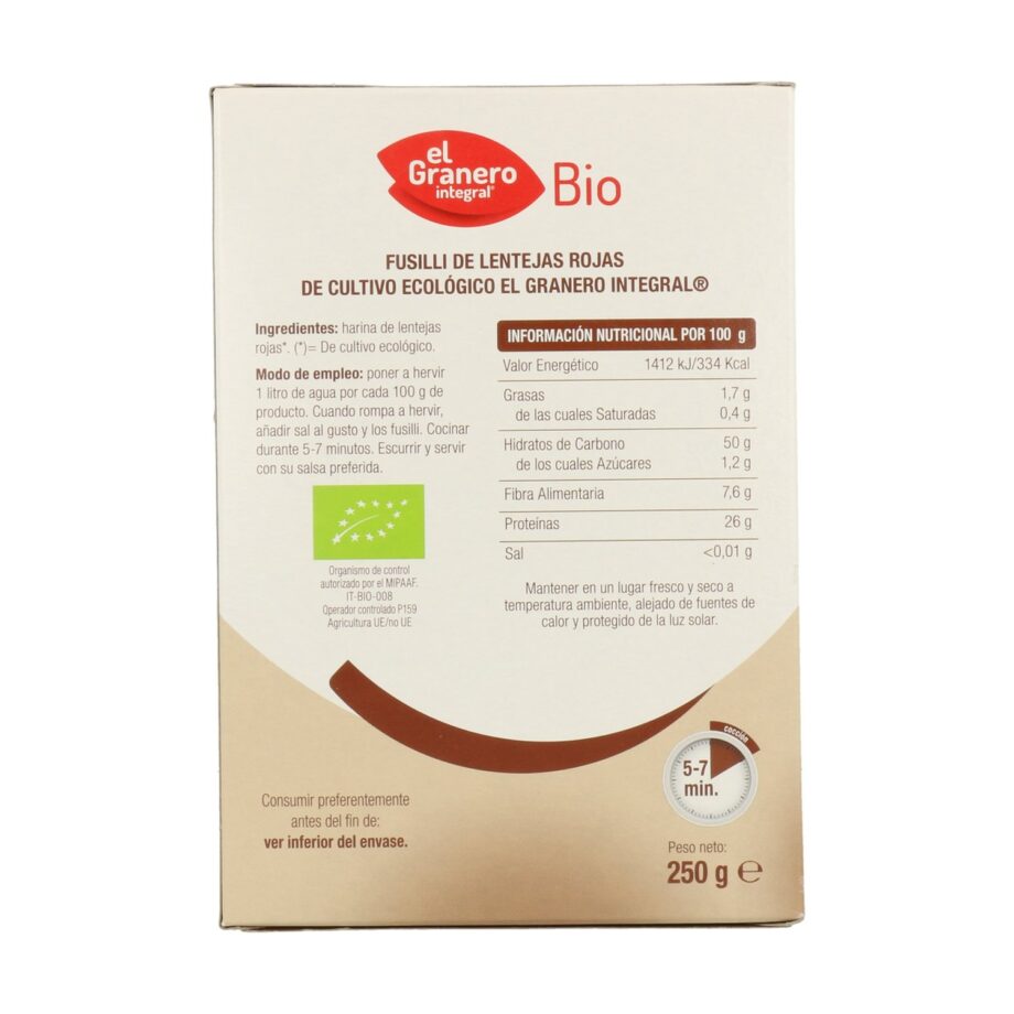 Pasta Fusilli de Lentejas Rojas Bio
