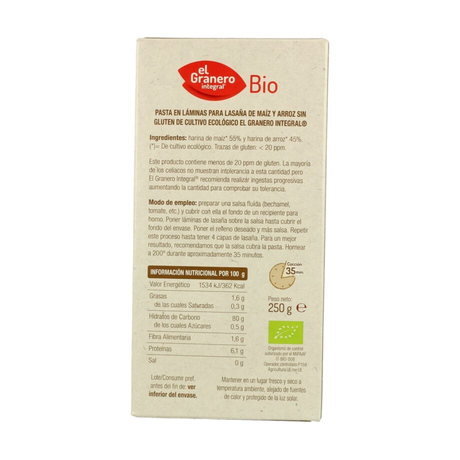 Láminas Lasaña Sin Gluten Bio